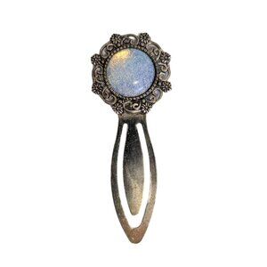 Retro Style Faux Opal Book Page Marker Clip Iridescent Blue Silver Cameo Ornate